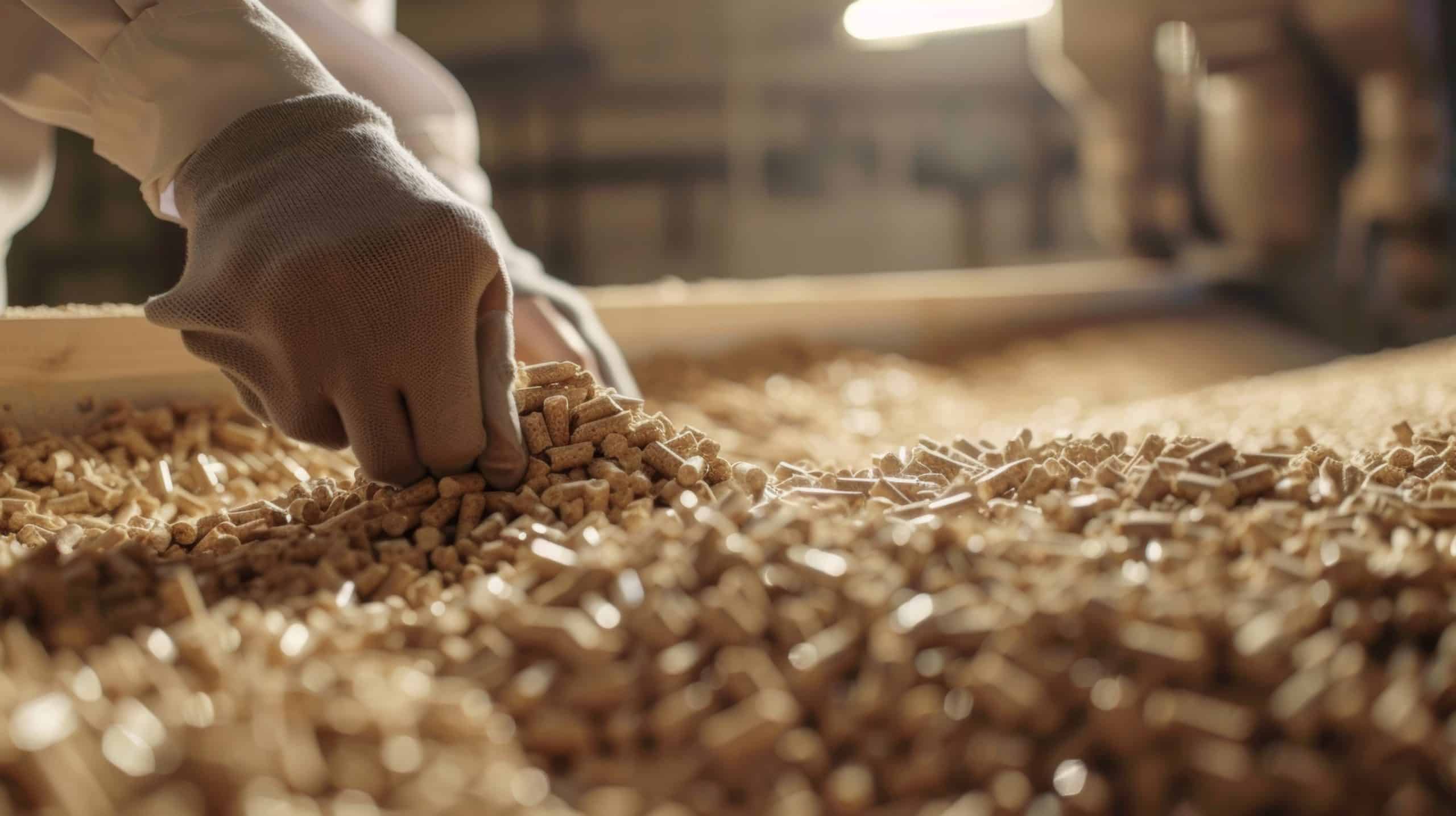 A worker inspecting the size and quality of wood pellets after the production process.